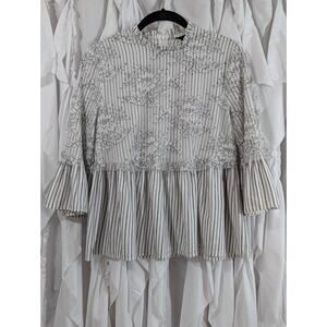 Zara Woman S White Black Pinstripe Blouse Floral Lace Overlay 3/4 Flutter Sleeve